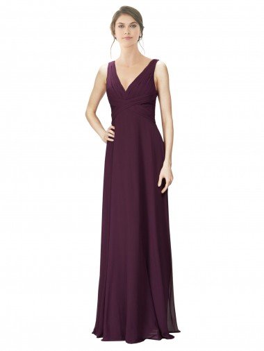 Long Chiffon Bridesmaid Dress with Ruched Criss Cross V-Neck Bodice Bristol