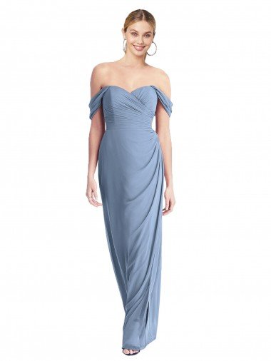 Full Length Draped Off the Shoulder Maxi Bridesmaid Dress with Shirred Streamer Bristol