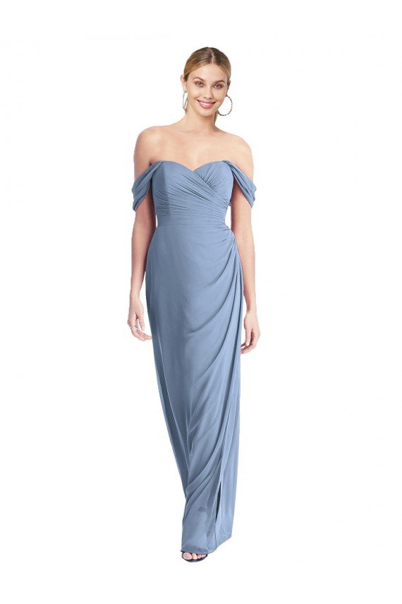 Full Length Draped Off the Shoulder Maxi Bridesmaid Dress with Shirred Streamer Bristol