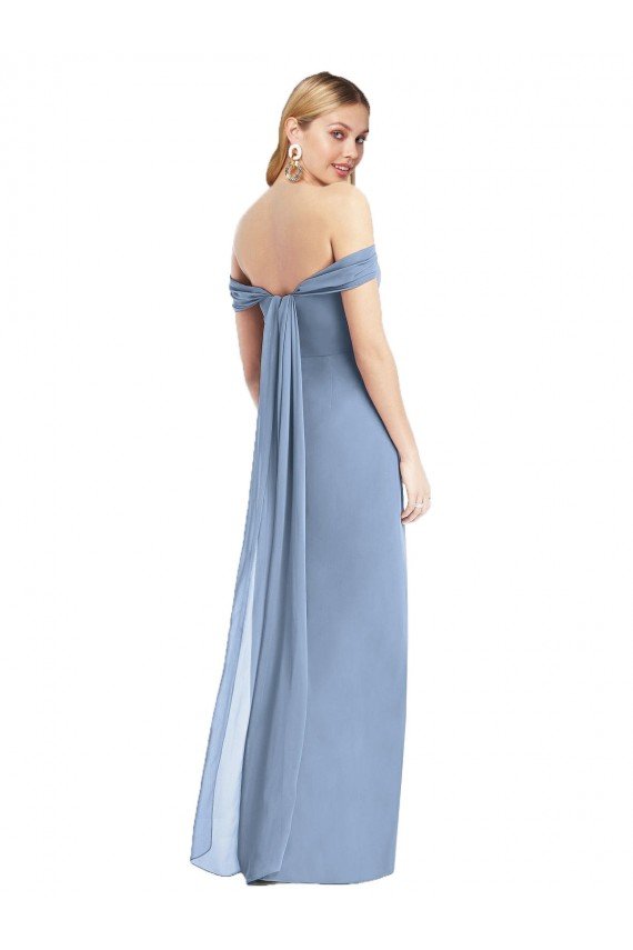 Full Length Draped Off the Shoulder Maxi Bridesmaid Dress with Shirred Streamer Bristol