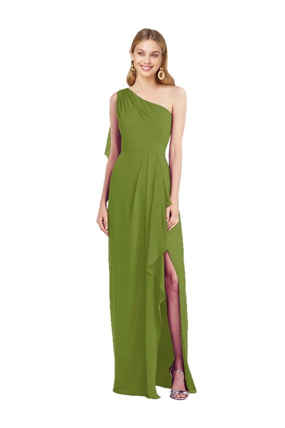 One Shoulder Chiffon Bridesmaid Dress with Draped Front Slit Bristol