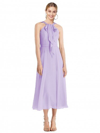 Midi Length Halter Plunging V-Back Chiffon Bridesmaid Dress / Cocktail Dress Bristol