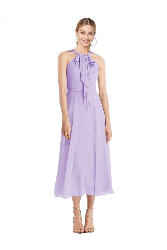 Midi Length Halter Plunging V-Back Chiffon Bridesmaid Dress / Cocktail Dress Bristol