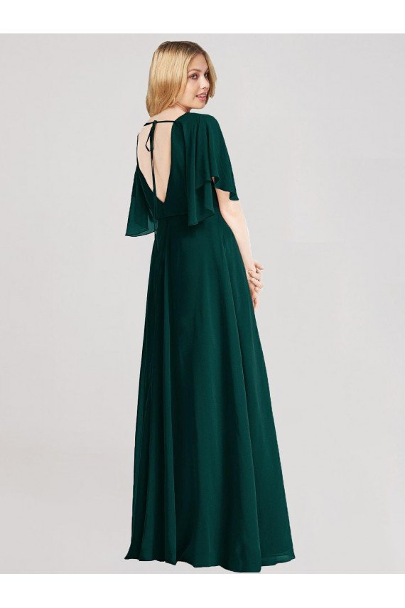 Full-Length Flutter Sleeves Plunging V Back Chiffon Bridesmaid Dress Bristol