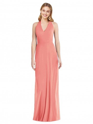 V-Neck Halter Chiffon Maxi Formal Bridesmaid Dress Open Back Bristol