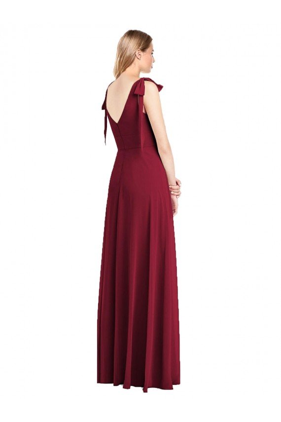 Full Length Bow-Shoulder V-Back Chiffon Bridesmaid Dress with Front Slit Bristol