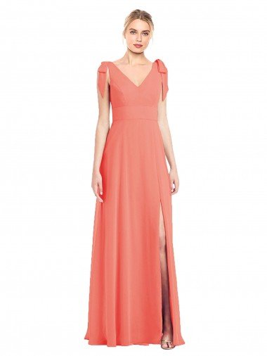 Full Length Bow-Shoulder V-Back Chiffon Bridesmaid Dress with Front Slit Bristol