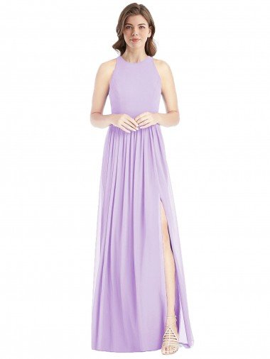 Shirred Skirt Jewel Neck Halter Chiffon Bridesmaid Dress with Front Slit Bristol