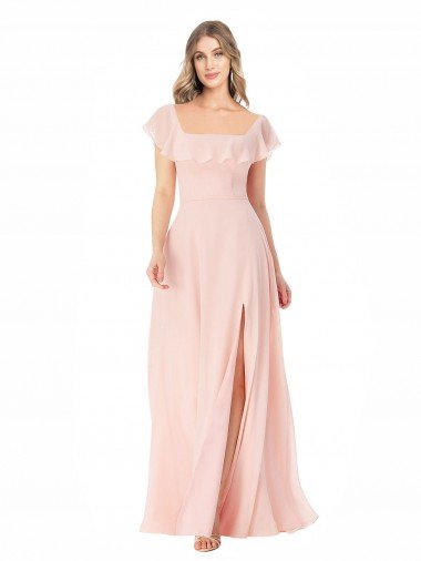 Flutter Cap Sleeves Square Neck Ruffle Chiffon Bridesmaid Dress Bristol