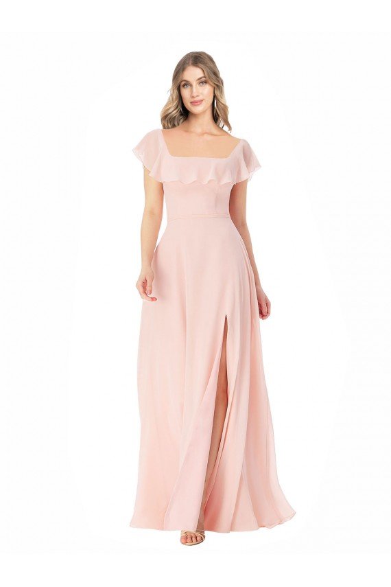Flutter Cap Sleeves Square Neck Ruffle Chiffon Bridesmaid Dress Bristol