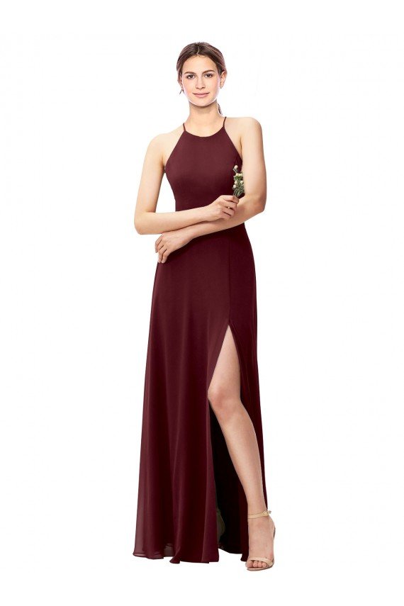Slim Long High Halter Neck Chiffon Bridesmaid Dress with High Side Slit Bristol