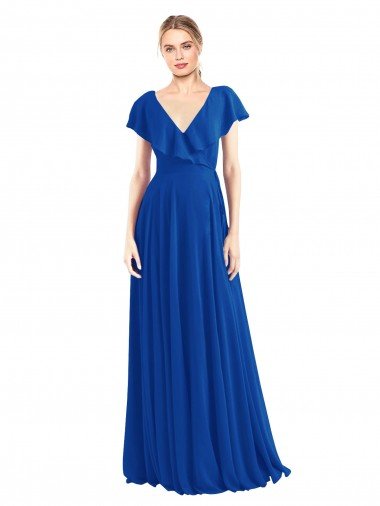 V-Neck A-Line Flutter Sleeves Long Chiffon Wrap Style Bridesmaid Dress Bristol