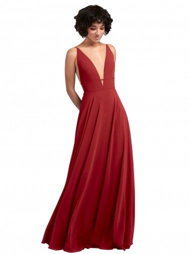 Fitted Plunging Deep V-Neck Long Chiffon Bridesmaid Dress with V-Back Bristol