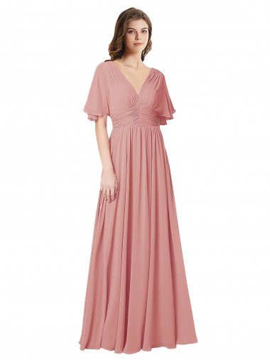 Flutter Sleeves Plunging V-Neck Boho Chiffon Bridesmaid Dress Bristol