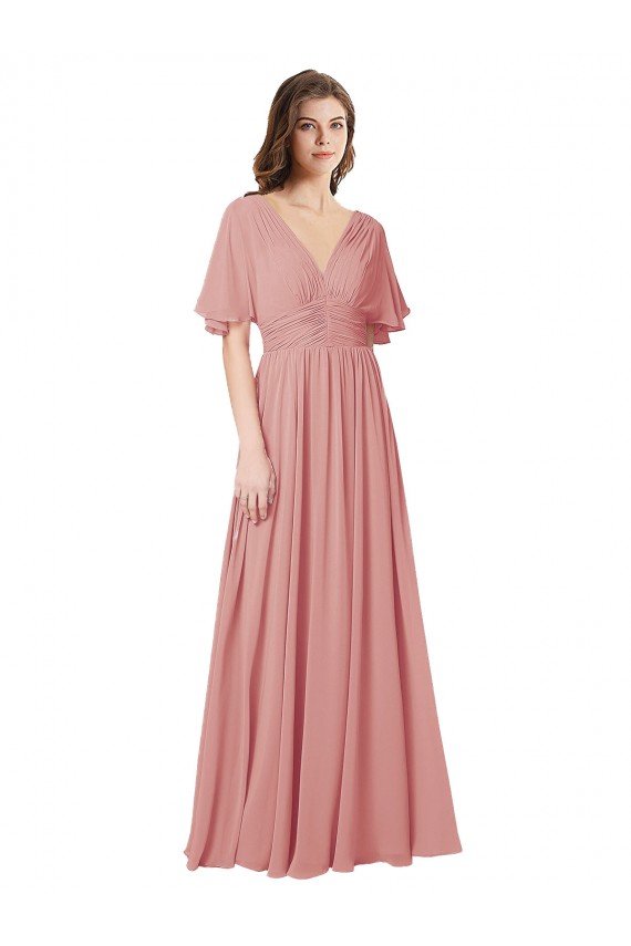 Flutter Sleeves Plunging V-Neck Boho Chiffon Bridesmaid Dress Bristol
