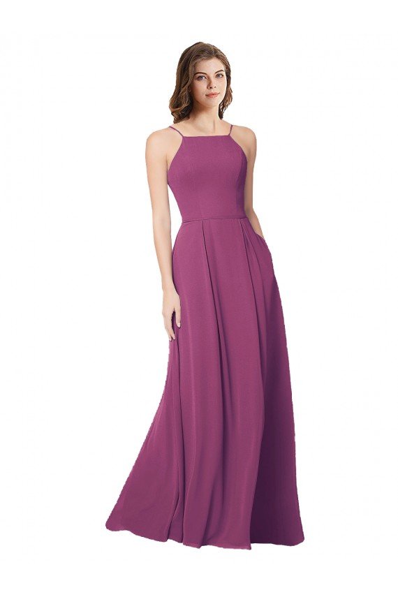 Halter Neck Long Pleated Chiffon Bridesmaid Dress with Pockets Bristol
