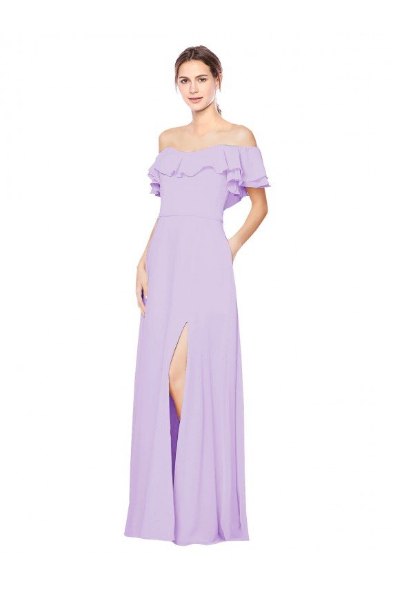 Ruffled Off the Shoulder Long Chiffon Bridesmaid Dress with Slit Bristol