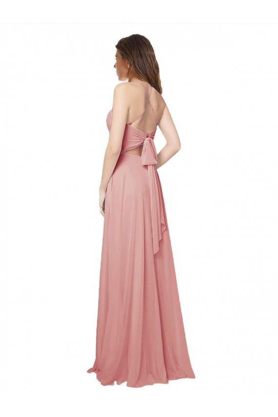 Open Back Wide Tie Band Long Chiffon Bridesmaid Dress with Pockets Bristol