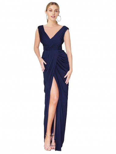 Draped V-Neck Long Chiffon Bridesmaid Dress / Formal Prom Dress with Front Slit Bristol