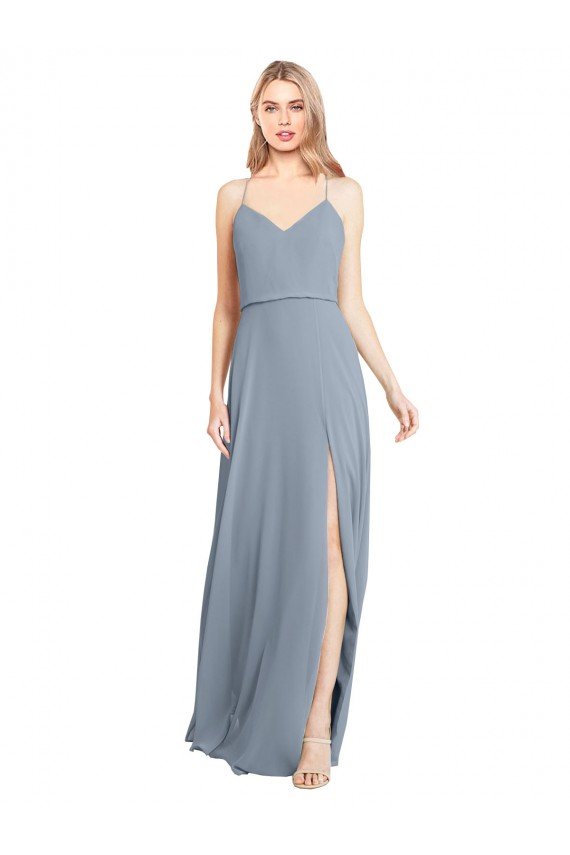 Spaghetti Straps V-Neckline Long Chiffon Bridesmaid Dress with High Slit Bristol