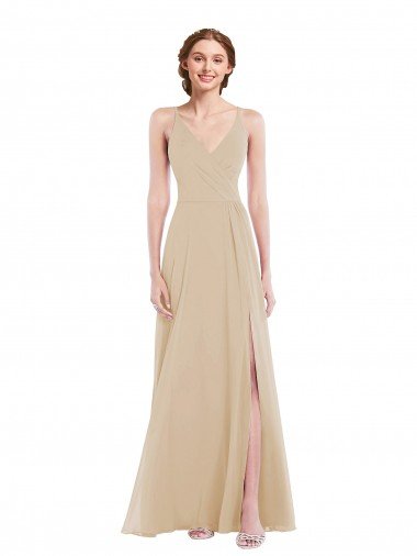 Faux Wrap Criss Cross Back Maxi Bridesmaid Dress with Front Slit Bristol
