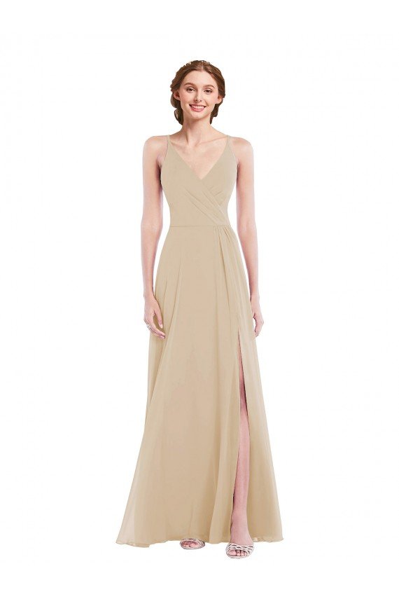 Faux Wrap Criss Cross Back Maxi Bridesmaid Dress with Front Slit Bristol