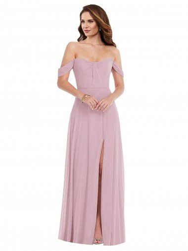 Off the Shoulder Draped Sleeve Maxi Bridesmaid Dress with Front Slit Bristol
