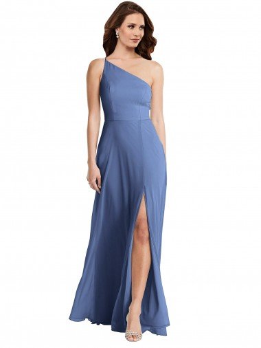 One Shoulder Full Length Maxi Formal Bridesmaid Dress with Flirty Slit Bristol