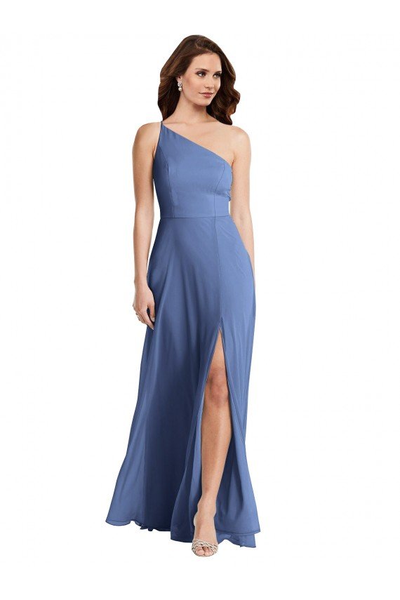 One Shoulder Full Length Maxi Formal Bridesmaid Dress with Flirty Slit Bristol