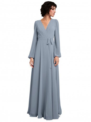 Wrap Style Long Sleeves Chiffon Bridesmaid Dress with Pleated Bodice Bristol
