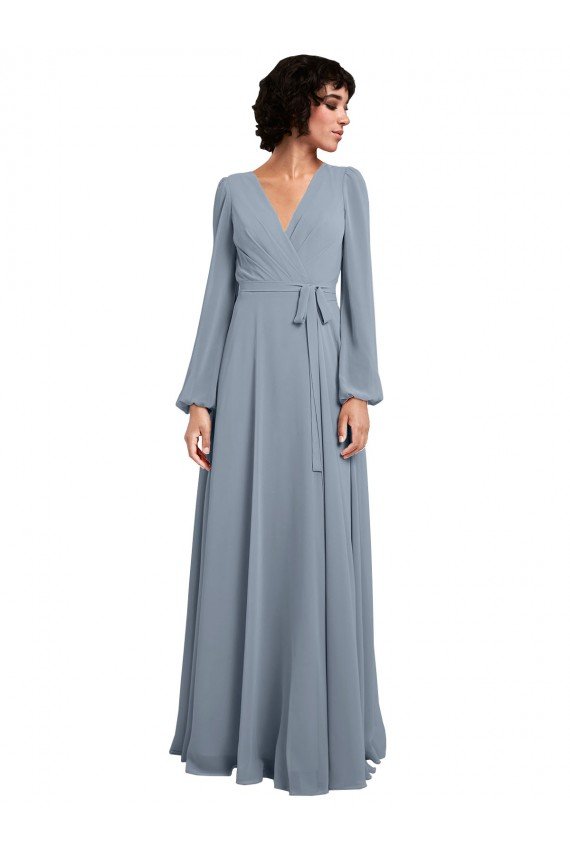 Wrap Style Long Sleeves Chiffon Bridesmaid Dress with Pleated Bodice Bristol