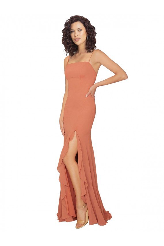 Chiffon Square Neck Bridesmaid Dress with Ruffled Skirt Slit Bristol