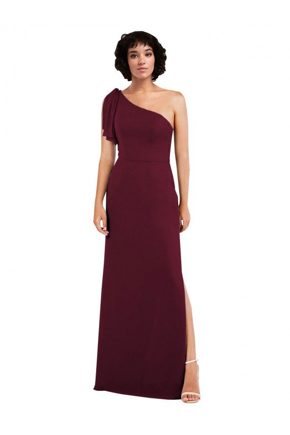 One Shoulder Chiffon Formal Bridesmaid Dress with Skirt Slit and Accent Strap Bristol