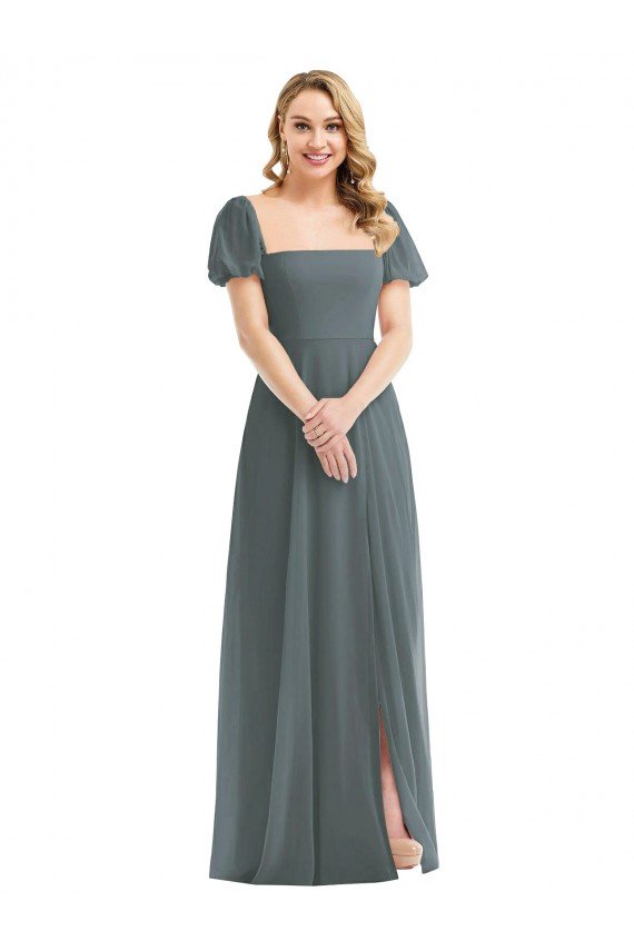 Puff Sleeves Chiffon Maxi Bridesmaid Dress with Front Slit Bristol