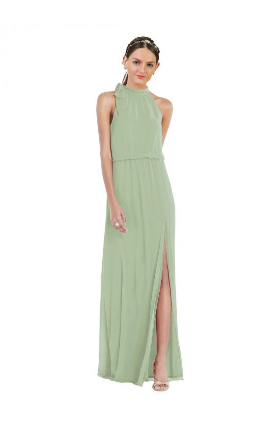 High Neck Scarf Tie Blouson Bodice Maxi Bridesmaid Dress with Front Slit Bristol