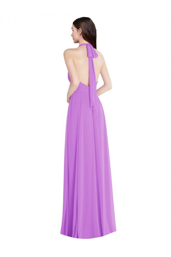 Halter Backless Maxi Formal Bridesmaid Dress with Button Ruffle Placket Bristol