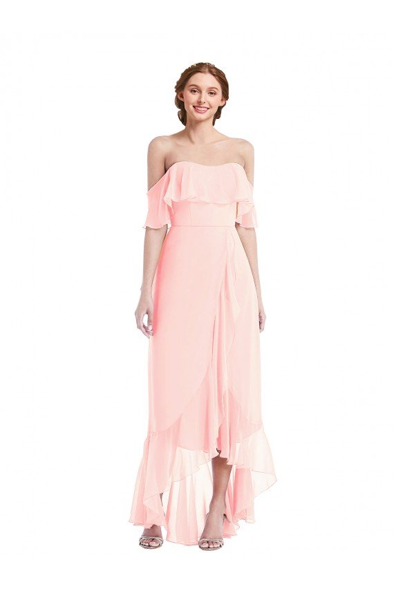 Off the Shoulder Ruffled High Low Maxi Bridesmaid Dress Bristol
