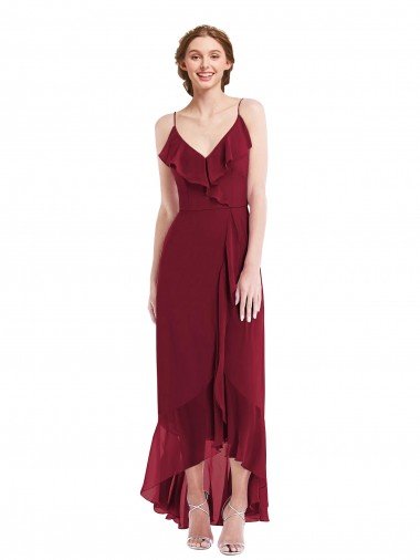 Ruffle Trimmed V-Neck High Low Wrap Chiffon Bridesmaid Dress Bristol
