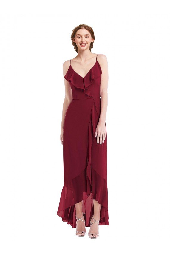 Ruffle Trimmed V-Neck High Low Wrap Chiffon Bridesmaid Dress Bristol