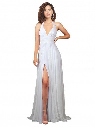 Simple Halter Plunge V-Neckline Chiffon Beach Wedding Dress with High Leg Split Bristol
