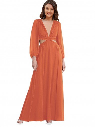 High Low Ruffled Long Chiffon Cutout Bishop Sleeves Maxi Bridesmaid Dress Bristol