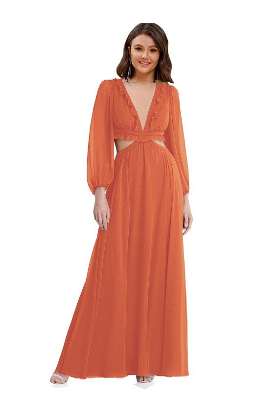 High Low Ruffled Long Chiffon Cutout Bishop Sleeves Maxi Bridesmaid Dress Bristol