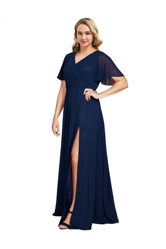 Chiffon V-Neck Short Sleeves Long Formal Bridesmaid Dress / Prom Dress with High Slit Bristol