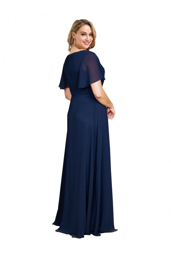 Chiffon V-Neck Short Sleeves Long Formal Bridesmaid Dress / Prom Dress with High Slit Bristol