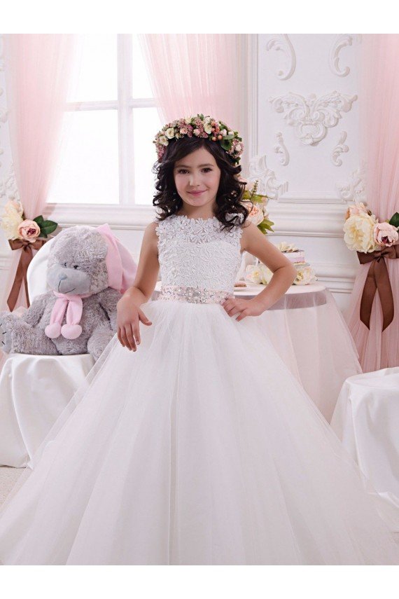 Ivory Ball Gown Bateau Chapel Train Sleeveless Flower Girl Dress Bristol