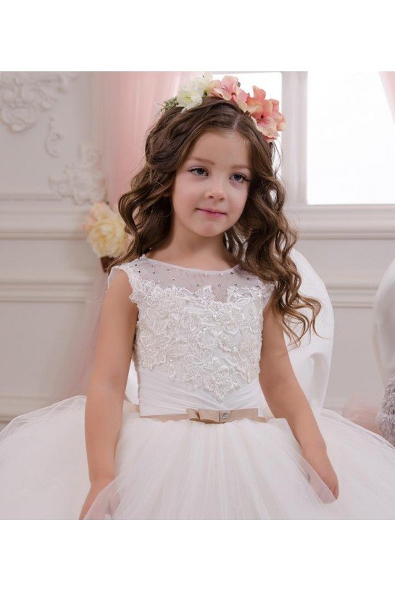 Ivory Ball Gown Bateau Neck Chapel Train Sleeveless Flower Girl Dress Bristol