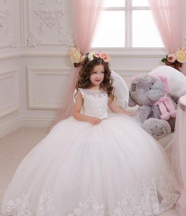 Ivory Ball Gown Bateau Neck Chapel Train Sleeveless Flower Girl Dress Bristol