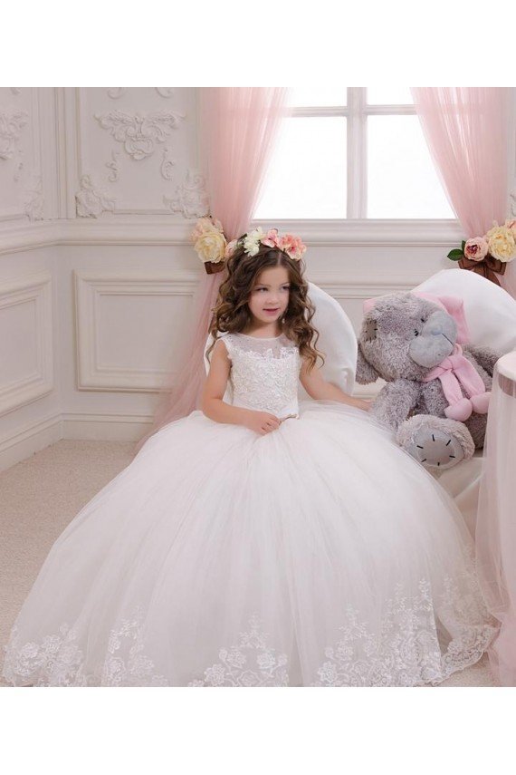 Ivory Ball Gown Bateau Neck Chapel Train Sleeveless Flower Girl Dress Bristol