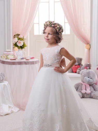 Ivory Ball Gown Bateau Neck Chapel Train V-Back Flower Girl Dress Bristol