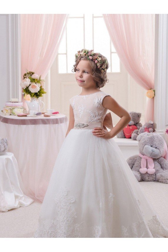 Ivory Ball Gown Bateau Neck Chapel Train V-Back Flower Girl Dress Bristol